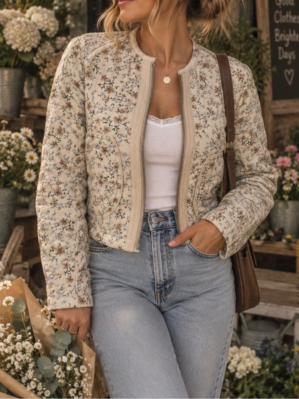 BlankNYC Quilted Floral Zip Jacket Beige Cream Vintage Print Small XS